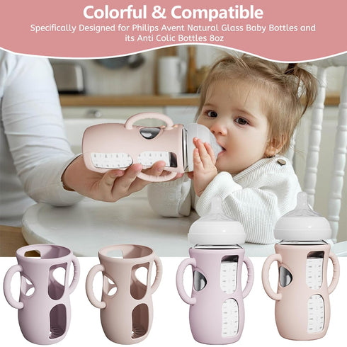 2 Pack 8 oz, Silicone Sleeves with Easy-Grip Handle for Avent Natural Glass Bottles, Anti Breakage Baby Bottle Holder