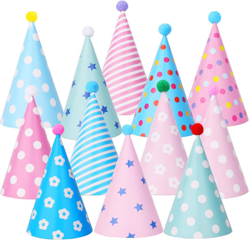Beurio Party Hats with Pom Poms - Birthday Cone Hats 12 Pack for Kids Adults, Colorful Pastel