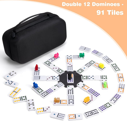 12 Set 91 4 Mexican Train Double Dominoes - Tiles with Wooden Trays & Travel Case, Family Board Game for Adults Kids