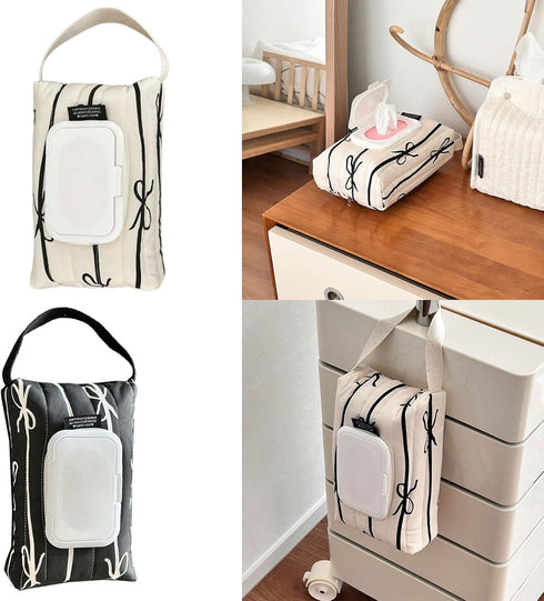 Pack Sturdy Cotton Wet Wipe Storage Quilted Bowknot Stripe Designs Soft Travel Tissue Holder for On The Way Moms