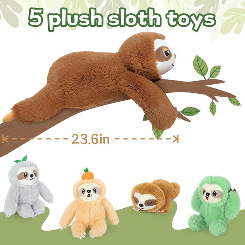 Tezituor Sloth Plush Toy Set of 5, Mommy Sloth Stuffed Animal with 4 Plush Sloth Babies, Gifts for Kids Age 3-9