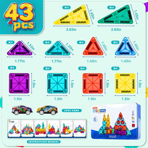 RiteHold 43PCS 2 Set 3-8 Magnetic Tiles for Kids Mini Magnet Tiles Building Toddlers Magnetiles Travel Toys with Case