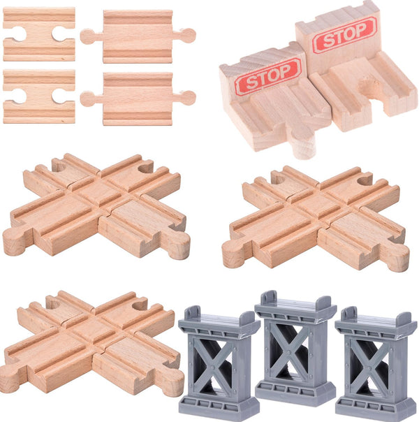 Ioffersuper 12 pcs Wooden Train Track Set, Male-Male Female-Female Bump Tracks, Bridge Pier