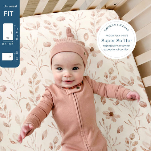 Stretchy Ultra Soft Jersey Knit Fitted Pack n Play Sheets, 3 Pack, Beautiful Blush Pink Floral