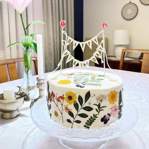 Happy Birthday Cake Bunting Topper Garland, Handmade Pennant Flags with Wood Pole in Ivory (With Pink Rose)