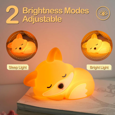 2 Dimmable, ATSUI Fox Night Light, LED Squishy Novelty Animal Lamp, Food Grade Silicone, Level Nursery Nightlight