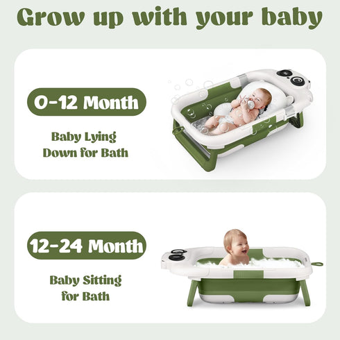 0-24 Collapsible Baby Bathtub for Newborn to Toddler, Portable Baby Bath Tub with Floating Cushion and Thermometer