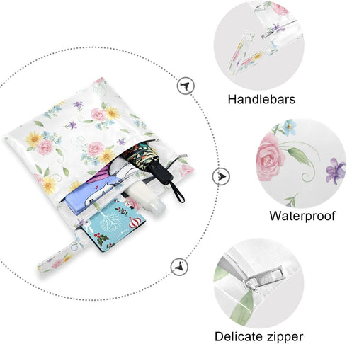 Burbuja 2 Pack, 2 Flowers Wet Dry Bags for Baby Cloth Diaper Waterproof Reusable Wet Bag with Zippered Pockets