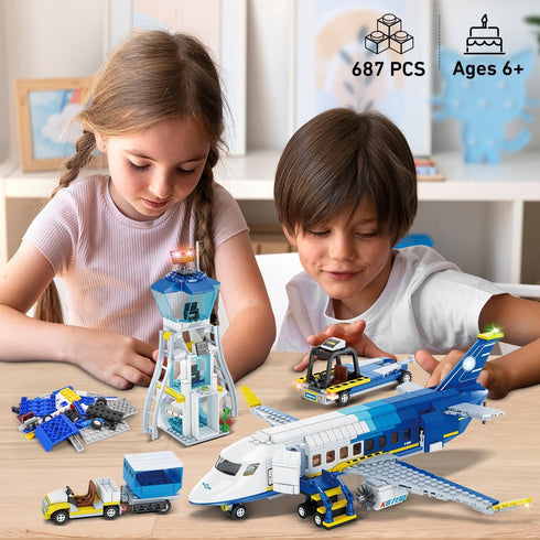 City Passenger Airplane Building Set, 711 PCS 3 IN 1 Plane Blocks Kit with Airport Terminal, Radar Tower, Luggage Truck