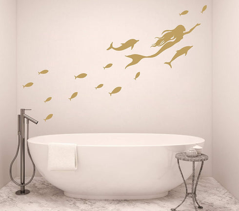 Mermaid Wall Decals, Nautical Sea Ocean Dolphin Vinyl Stickers for Bathroom, Nursery Decor, Home Art Mural A56 (Gold)