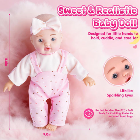 12" Set, 1-3 AuntyFey Baby Doll Baby Doll Bassinet with Accessory for Girl Toddlers with Bottle, Teddy Bear, Pillow