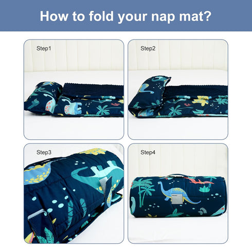 PHF Toddler Nap Mat with Removable Pillow and Minky Fleece Blanket, Dinosaur Design for Kids