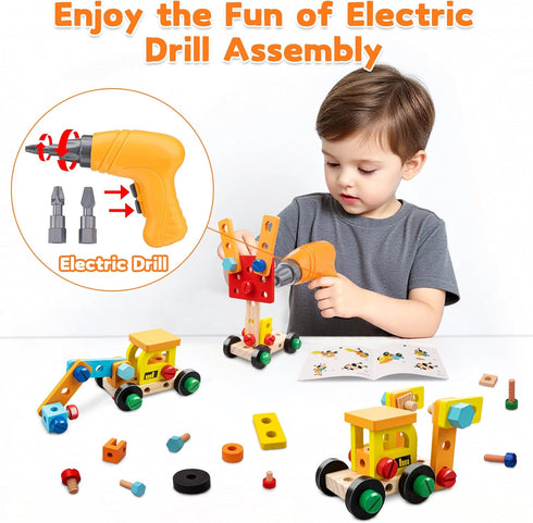 59Pcs Set 2 3 4 5 6 Kids Tool Toy for Boys - Montessori STEM Wooden Play Tool Box Kit with Electric Drill with Types