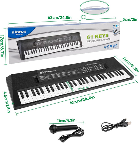 M SANMERSEN Kids Music Piano Keyboard, 61 Keys with Microphone, Portable Teaching Toy for Ages 3-12, Black