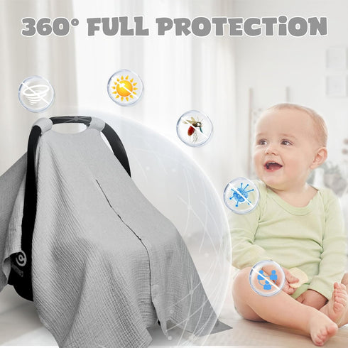 Muslin Car Seat Cover for Babies, Baby Carseat Cover for Boys Girls, Breathable Infant Car Seat Canopy, Multiuse Baby
