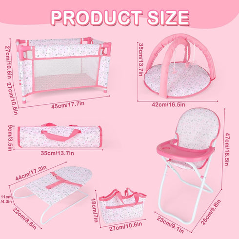 deAO Baby Doll Play Set, 6 Pcs Accessories for 12-14’’ Baby Doll with Crib, High Chair, Play Mat
