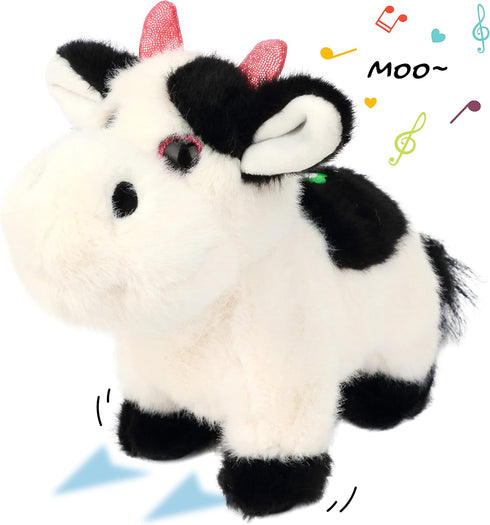 Cuteoy Walking Black Cow Stuffed Animal Speaking Moo Plush Cattle Electric Interactive Animated Plushies Toy for Girls