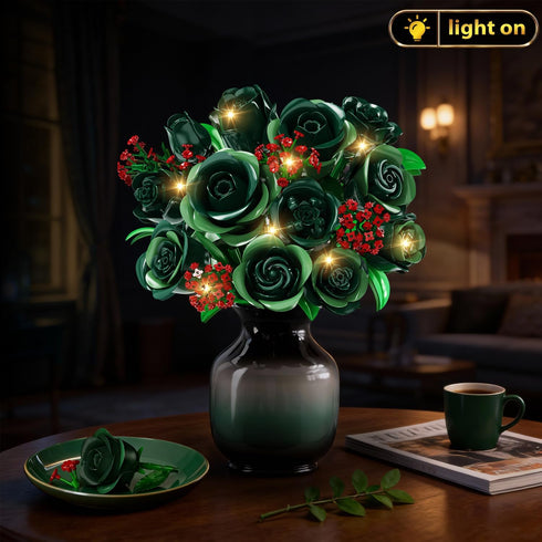 Set 16 523PCS PLAXSOON Flowers Bouquet Building with Lights, Mother's Day Green Roses Botanical Collection Building