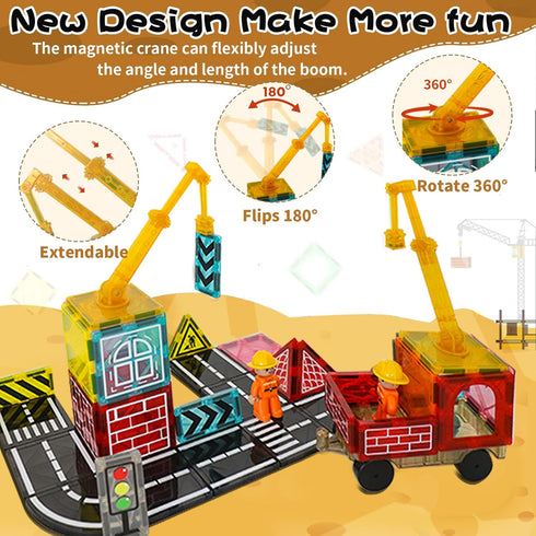 Set 3-5 4-8 5-7 3+ Magnetic Tiles Road with Crane for Kids Ages Preschool City Construction Kids Games Toddler Magnet
