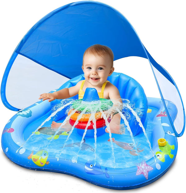 iGeeKid Baby Play Mat with Sprinkler, Inflatable Baby Pool Float with Canopy
