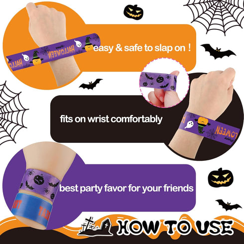 320 Pcs Halloween Slap Bracelets Party Favors for Kids, Halloween Treat Bag Stuffers and Stickers
