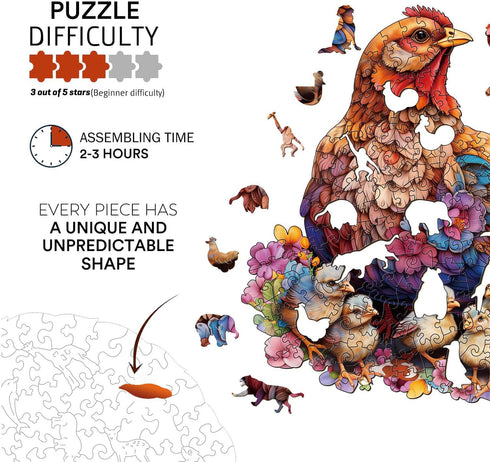 Hen and Chicks Wooden Puzzle for Adults, Unique Animal Shape Wood Cut Puzzles for Family Puzzle Lovers