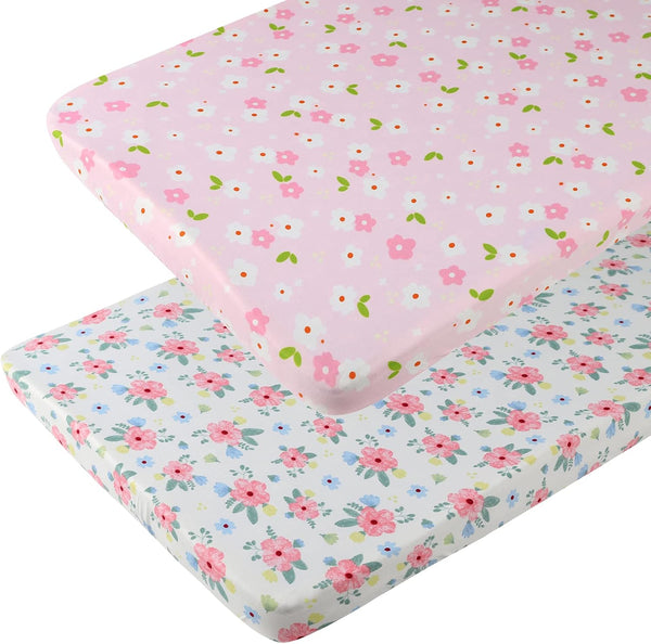 Pack n Play Playard Fitted Sheets 2 Pack Set for Baby Girl, Soft Stretchy Jersey Knit Portable Mini Crib Cover, Pink