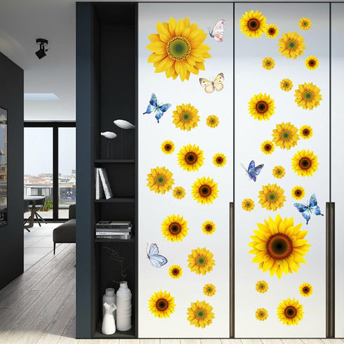 Sunflower Wall Stickers with 3D Butterfly, Removable Yellow Flower Wall Decals, Waterproof Mural for Nursery Kids