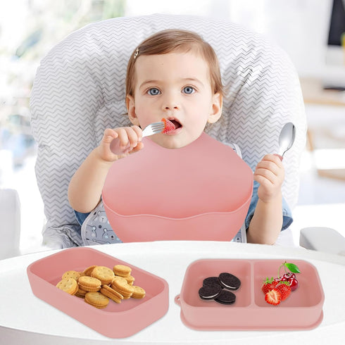 Set 316 6-Piece Travel Silicone Baby Feeding with Stainless Steel Spoon & Fork ,Silicone Suction Plates, Foldable Bib