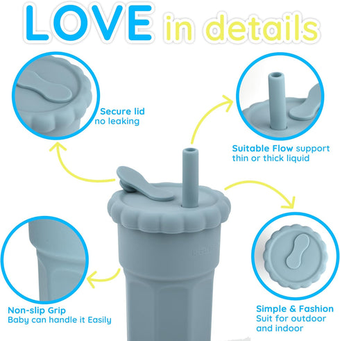 Silicone Parent-child Straw Cup, BPA Free, Heat Resistant, Silicone Straw Baby Cups Set for Big Kids Toddlers (Ether)