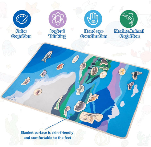 Montessori Land and Water Map with 25 Wooden Animals, Educational Geography and Zoology Mat for Kids 4-8