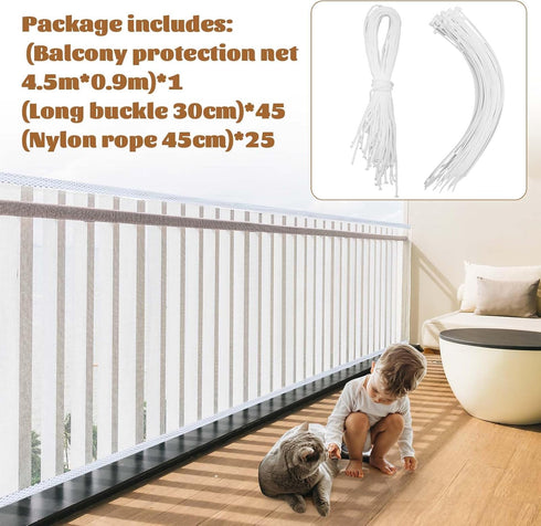 Banister Guard Balcony Netting for Kids Pets, 15 x 3 ft Baby Fence Door Net, Safety Stair Rail Mesh Net (No Drilling)