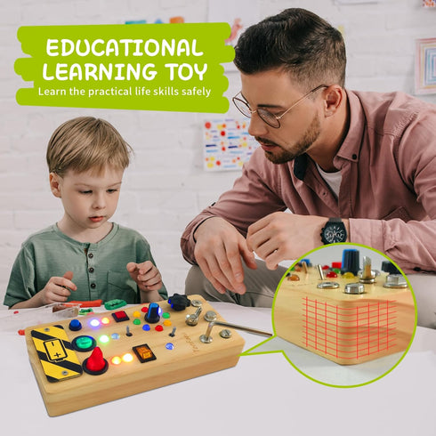 TenFans Wooden Montessori Busy Board with LED Light Switch, Sensory Toy for Toddlers 3+ Year Olds