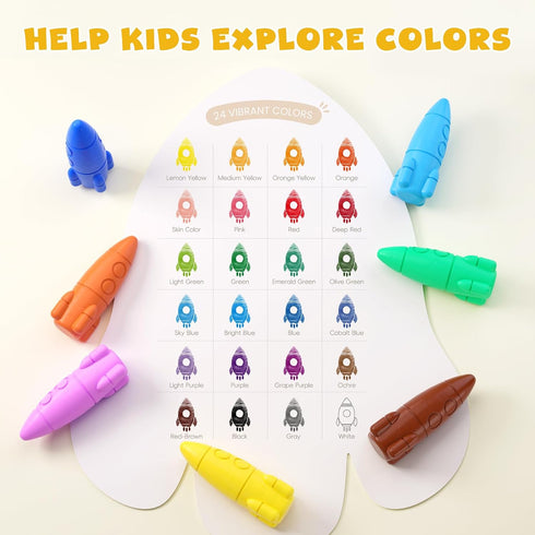 24 JUPITEARTH Colors Crayons for Toddlers, Non-Toxic Washable Rocket Crayons, Easy-to-Hold Coloring Gifts & Mess-Free