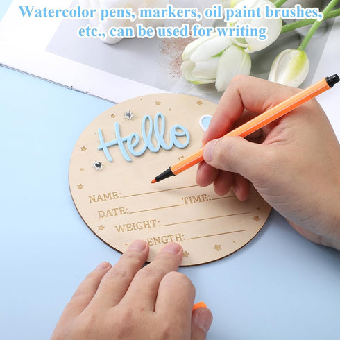 Tweruna 5.9 Inch 3D Wooden Welcome Baby Sign, Hello World Newborn Sign with Heart, Stars Decoration, Round Welcome Baby