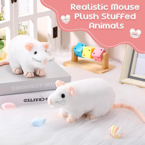 4 Pcs Stuffed Rat Plush Toys, Realistic 7 Inch Soft Cuddly Mouse Plushies for Birthday Party Favor (White)