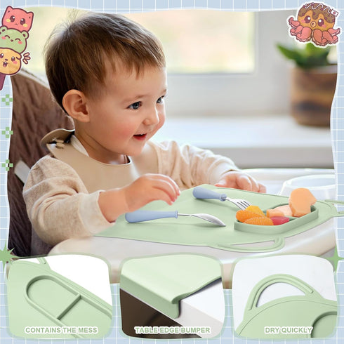 2 Pack Domensi Silicone Suction Placemat with Teething Edge Bumper/Spill for Baby Toddlers Kids with Storage Bag