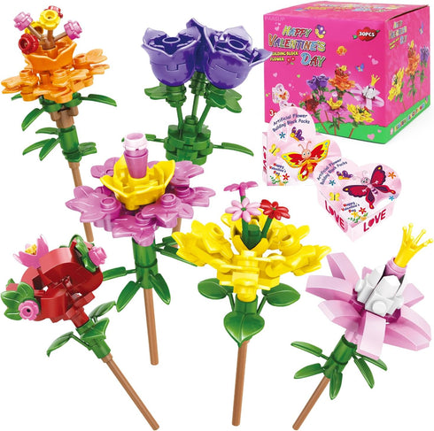 PARSUP 30PCS Valentines Day Gifts for Kids, 6 Different Artificial Flower Building