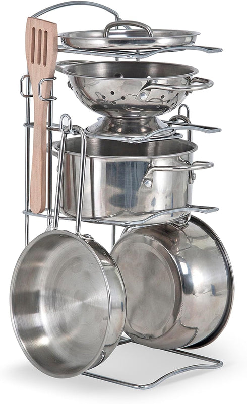 Melissa & Doug Stainless Steel Pots and Pans Set for Kids (8 pcs) - Pretend Play Kitchen Accessories for Ages 3+.