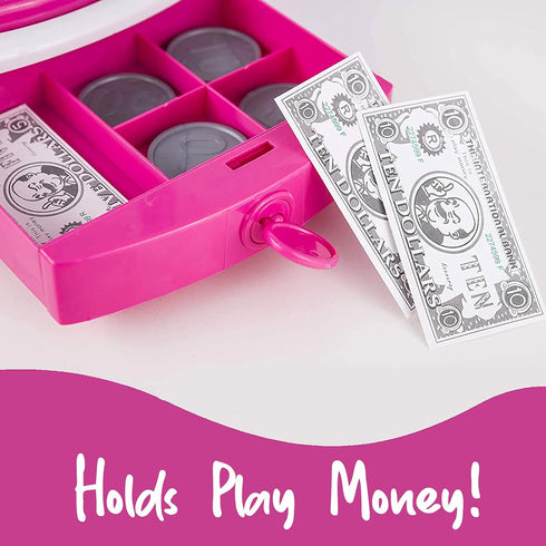 Pretend Play Pink Cash Register Toy - Learn & Play Shopping Kids Toys with Electronic Mic, Scanner, Calculator, Play