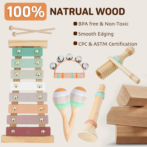 LeeQee 1 2 3 Set 3+ Montessori Toys for Year Old - Wooden Toys Baby Musical Instruments, Neutral Colors Percussion