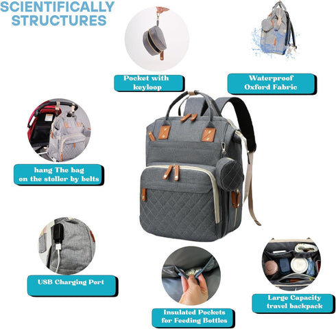 Sweet BB Backpack Baby Diaper with Changing Pad, Waterproof, USB Port, Large Capacity (Gray)