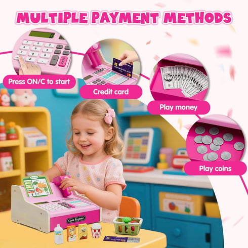 3-8,Color Wee Wonders Wooden Cash Register for Kids with Real Calculator, Rechargeable Cash Register Toy