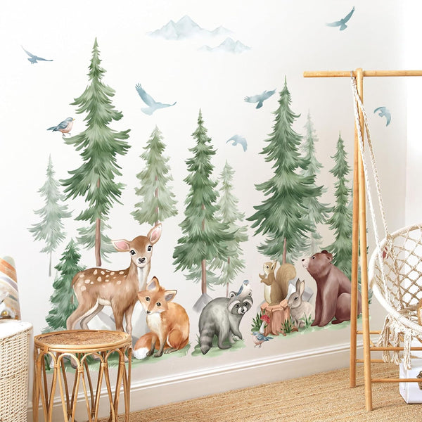 wondever Mountain Tree Wall Stickers Large Pine Tree Forest Animal Bear Fox
