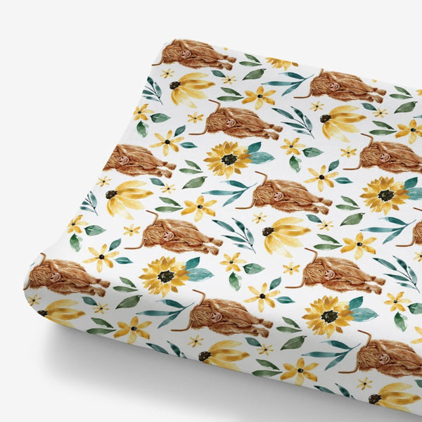 Highland Cow Sunflower Changing Pad Cover for Baby Girls, Soft Stretchy Safe Snug Fitted Diaper Change Table Covers