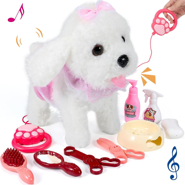 Interactive Walking Plush Puppy Toy, Realistic Robot Dog with Wagging Tail and Grooming Set for Kids Age 3+