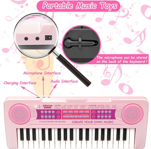 37 Keys Kids Piano Keyboard Toys with Microphone, Learning Educational Toddler Keyboard for Ages 3-8 (Pink)