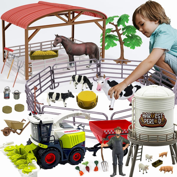 Farm Animals Toys Set - Barn Toy Combine Harvester Tractor with Trailer and Figures Playset for Kids 3-7 Years Old
