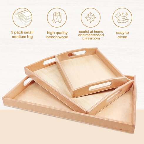 Montessori Wooden Trays with Handles - 3 Pack Small, Medium, Big Quality Wood Trays for Kids Activities, Toy Storage