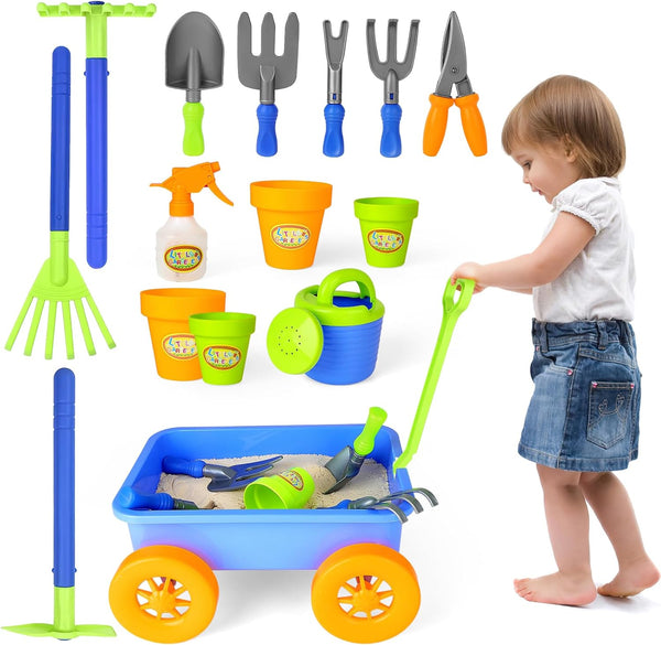 deAO Kids Garden Wagon Wheelbarrow and Gardening Tools Play Set Includes 10